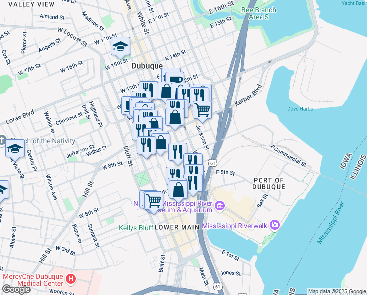 map of restaurants, bars, coffee shops, grocery stores, and more near 720 Central Avenue in Dubuque