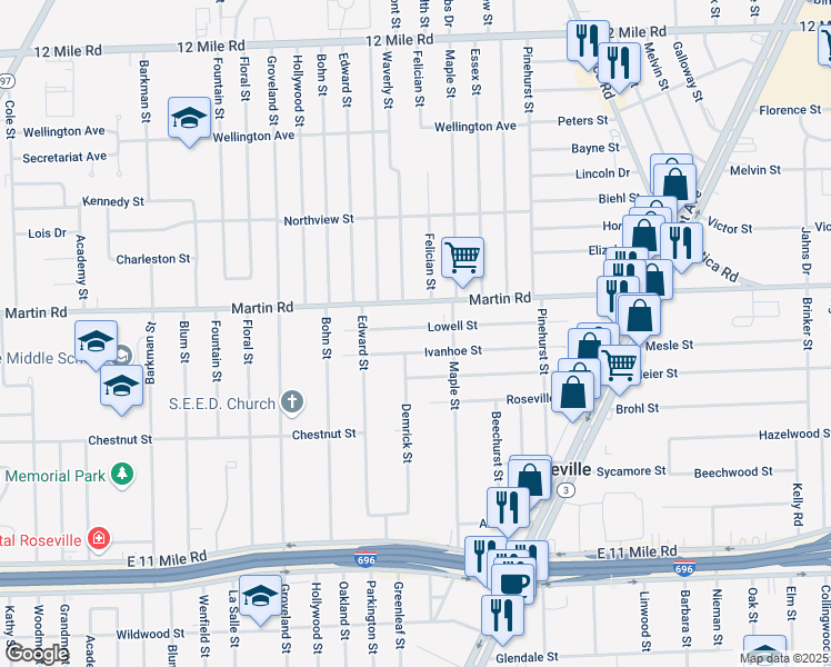 map of restaurants, bars, coffee shops, grocery stores, and more near 17322 Lowell Street in Roseville