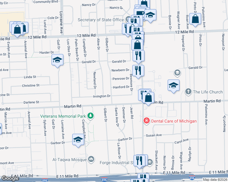 map of restaurants, bars, coffee shops, grocery stores, and more near 11453 Irvington Drive in Warren