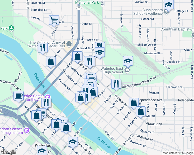 map of restaurants, bars, coffee shops, grocery stores, and more near 504 Franklin Street in Waterloo
