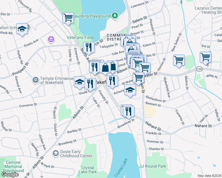 map of restaurants, bars, coffee shops, grocery stores, and more near 42 West Water Street in Wakefield