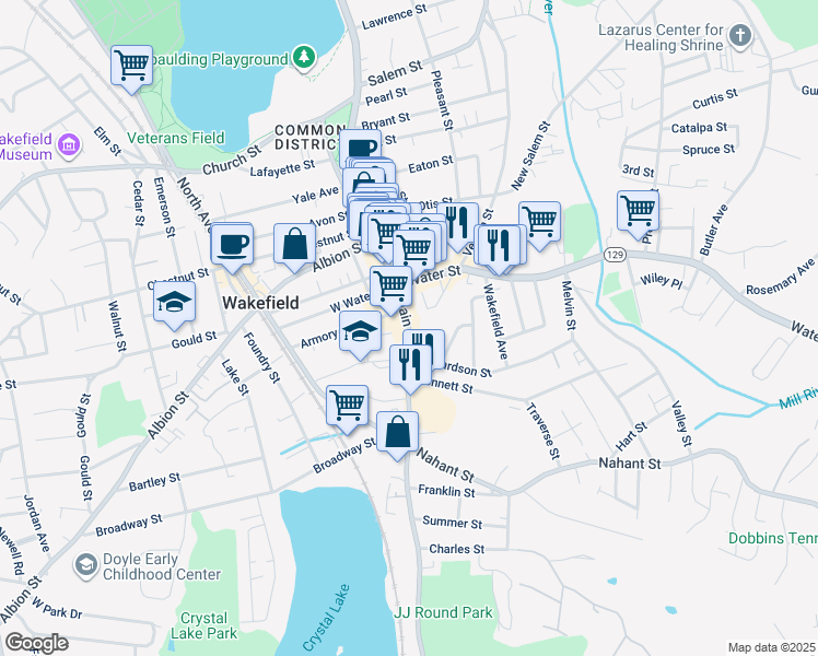 map of restaurants, bars, coffee shops, grocery stores, and more near 477 Main Street in Wakefield