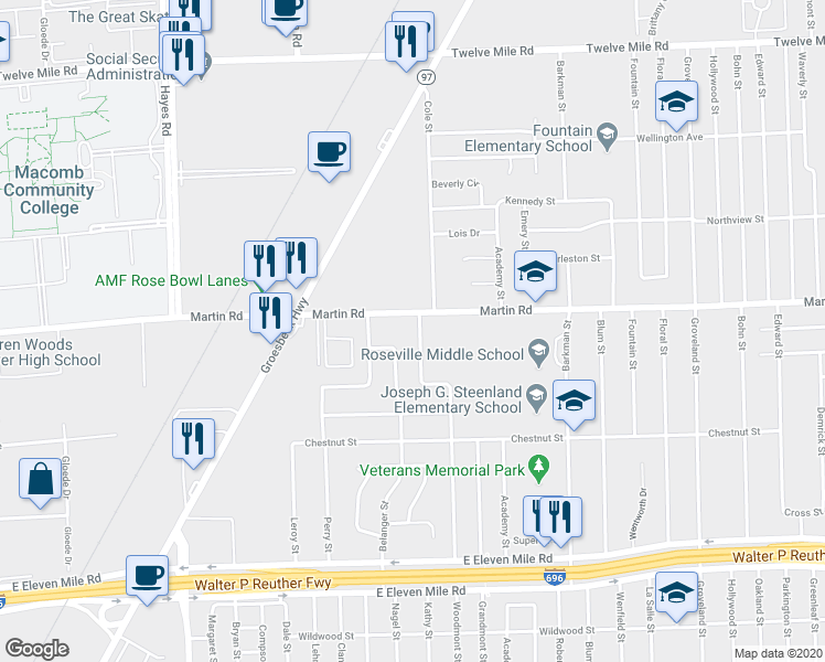 map of restaurants, bars, coffee shops, grocery stores, and more near 27921 Woodmont Street in Roseville