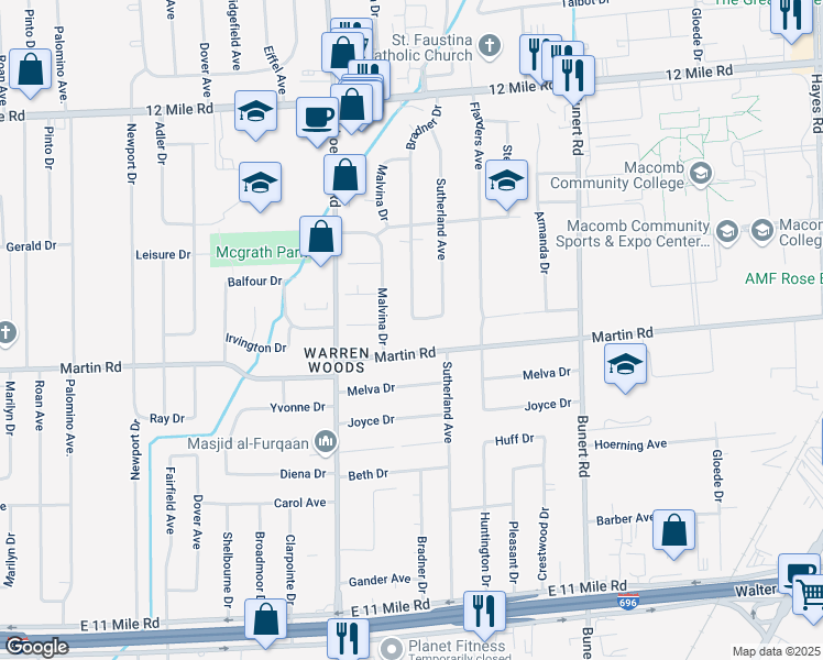 map of restaurants, bars, coffee shops, grocery stores, and more near 13800 Irvington Dr in Warren