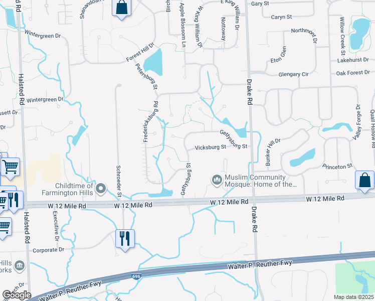 map of restaurants, bars, coffee shops, grocery stores, and more near 49097 Vicksburg Street in Farmington Hills