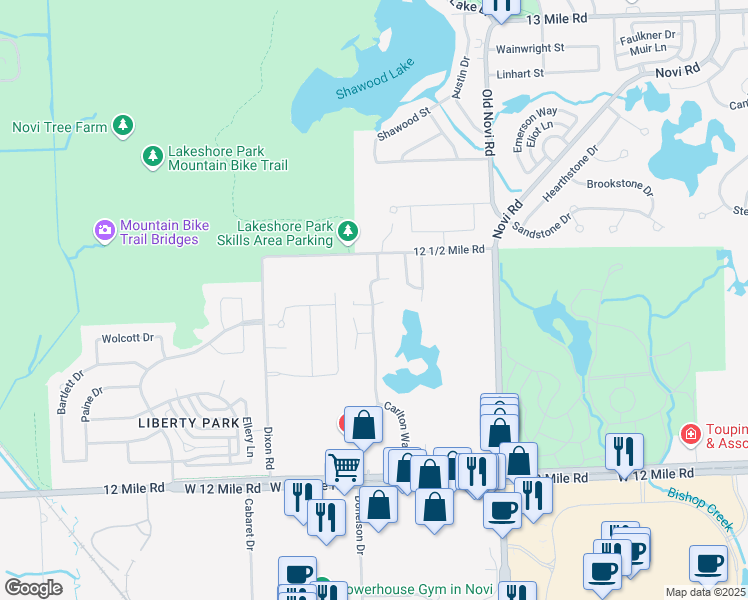 map of restaurants, bars, coffee shops, grocery stores, and more near 28418 Carlton Way Drive in Novi