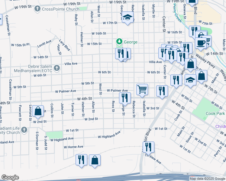 map of restaurants, bars, coffee shops, grocery stores, and more near 1600 West Palmer Avenue in Sioux City