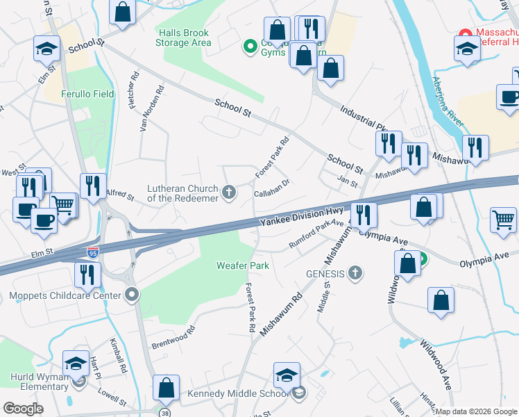 map of restaurants, bars, coffee shops, grocery stores, and more near 4 Boyd Road in Woburn