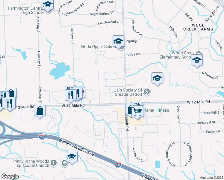 map of restaurants, bars, coffee shops, grocery stores, and more near 27920 Berrywood Lane in Farmington Hills