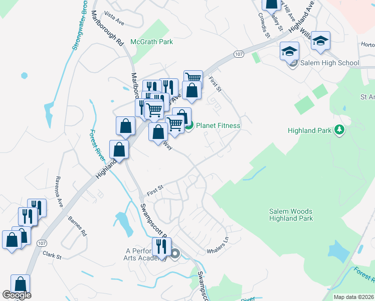 map of restaurants, bars, coffee shops, grocery stores, and more near 45 Traders Way in Salem