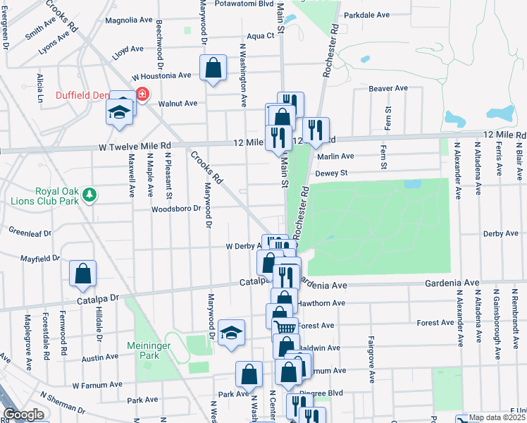 map of restaurants, bars, coffee shops, grocery stores, and more near 1414 Crooks Road in Royal Oak