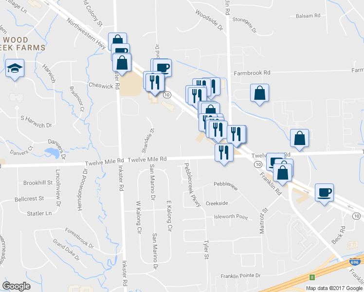 map of restaurants, bars, coffee shops, grocery stores, and more near 26900 West 12 Mile Road in Southfield