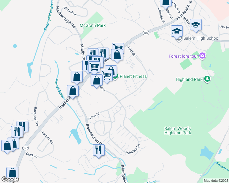map of restaurants, bars, coffee shops, grocery stores, and more near 45 Traders Way in Salem