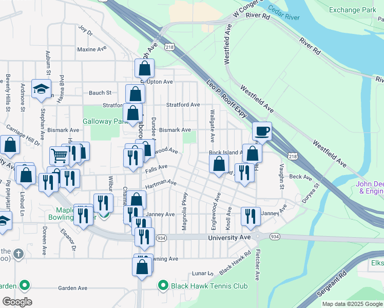 map of restaurants, bars, coffee shops, grocery stores, and more near 740 Magnolia Parkway in Waterloo