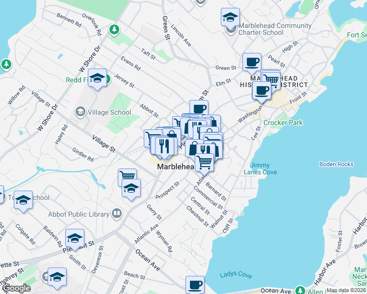 map of restaurants, bars, coffee shops, grocery stores, and more near 1 Pleasant Lane in Marblehead