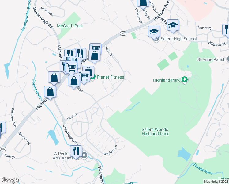 map of restaurants, bars, coffee shops, grocery stores, and more near 29 1st Street in Salem