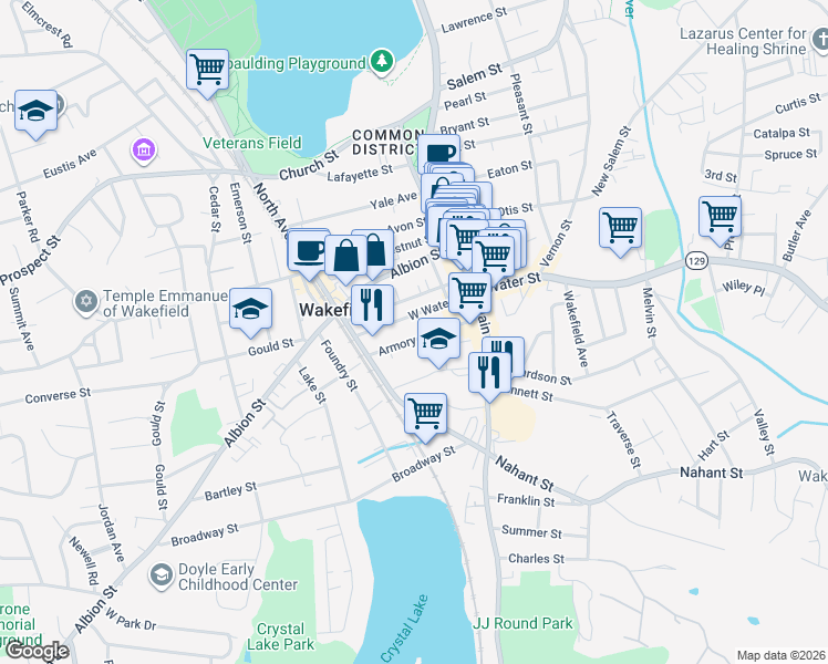 map of restaurants, bars, coffee shops, grocery stores, and more near 24 Armory Street in Wakefield