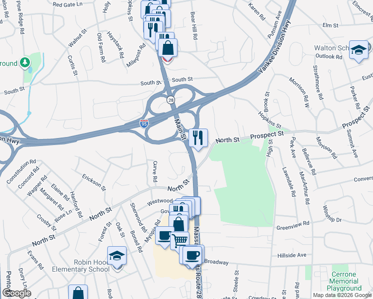map of restaurants, bars, coffee shops, grocery stores, and more near 32 Franklin Street in Stoneham