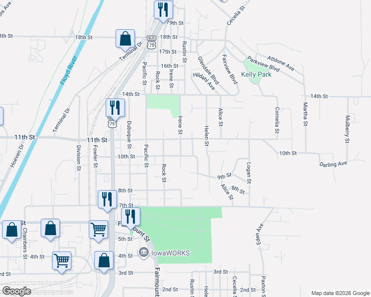 map of restaurants, bars, coffee shops, grocery stores, and more near 2801-2899 10th Street in Sioux City