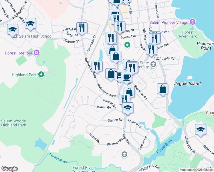 map of restaurants, bars, coffee shops, grocery stores, and more near 14 Adams Street in Salem