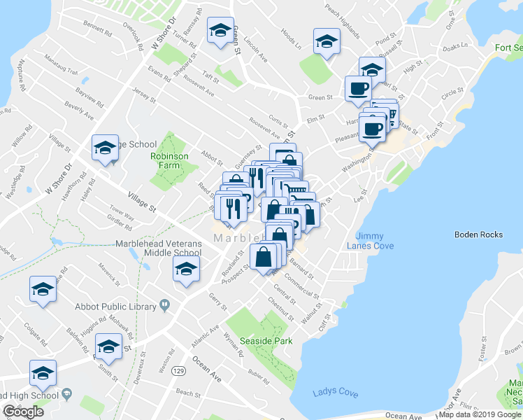 map of restaurants, bars, coffee shops, grocery stores, and more near 128 Pleasant Street in Marblehead