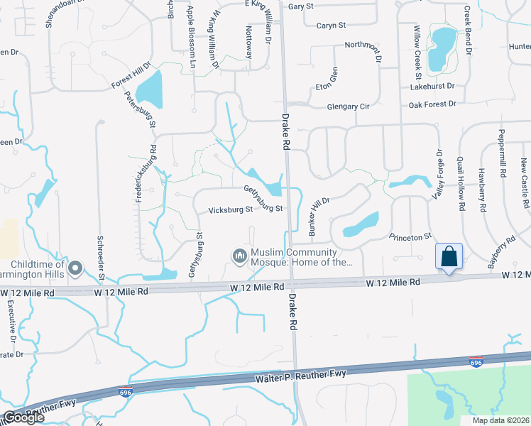 map of restaurants, bars, coffee shops, grocery stores, and more near 28254 Gettysburg Street in Farmington Hills