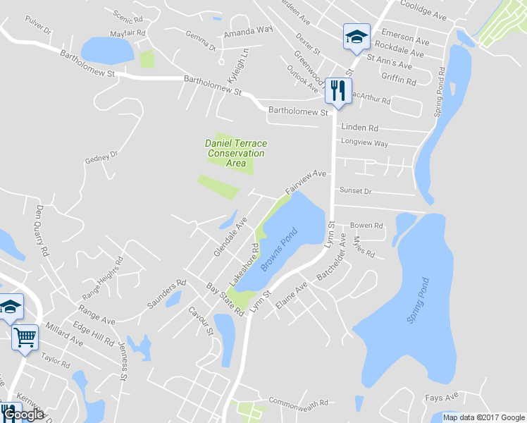 map of restaurants, bars, coffee shops, grocery stores, and more near 45 Fairview Avenue in Peabody