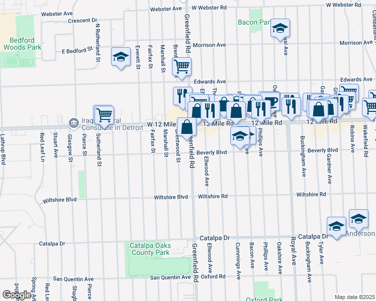 map of restaurants, bars, coffee shops, grocery stores, and more near 28575 Greenfield Road in Southfield