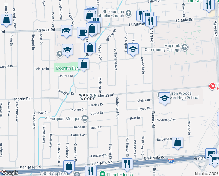 map of restaurants, bars, coffee shops, grocery stores, and more near 13800 Irvington Drive in Warren