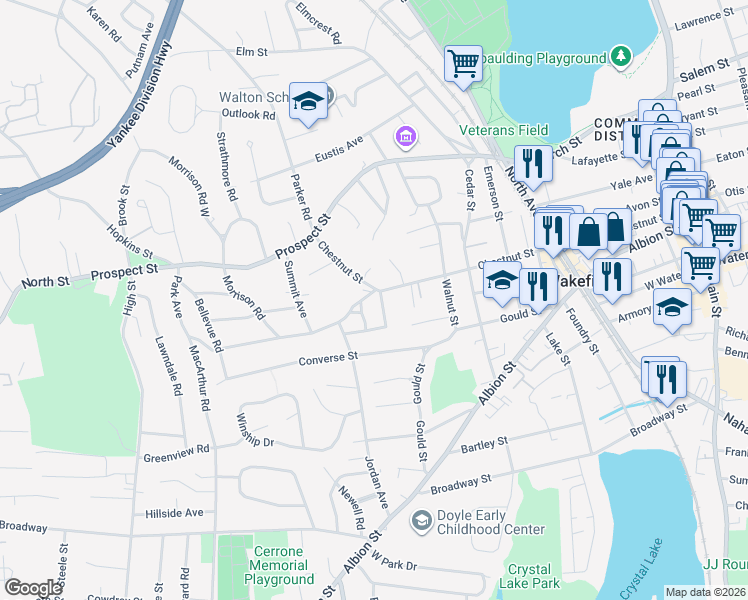 map of restaurants, bars, coffee shops, grocery stores, and more near 2 Park Avenue in Wakefield