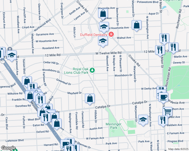 map of restaurants, bars, coffee shops, grocery stores, and more near 1930 Hilldale Drive in Royal Oak