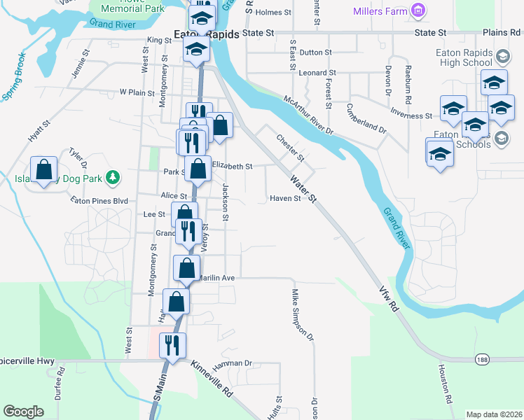 map of restaurants, bars, coffee shops, grocery stores, and more near 401 Haven Street in Eaton Rapids