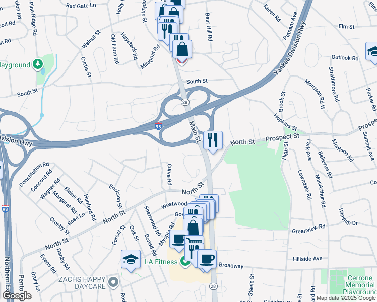 map of restaurants, bars, coffee shops, grocery stores, and more near 1 Stonehill Drive in Stoneham