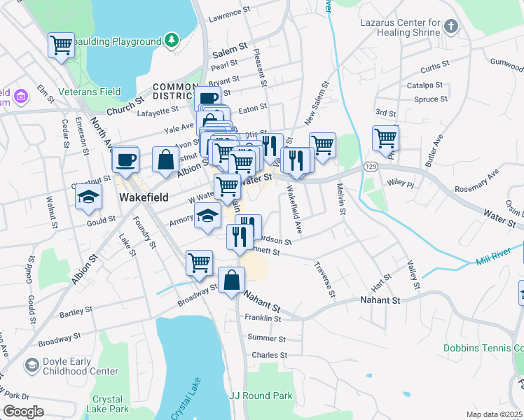 map of restaurants, bars, coffee shops, grocery stores, and more near 478 Main Street in Wakefield