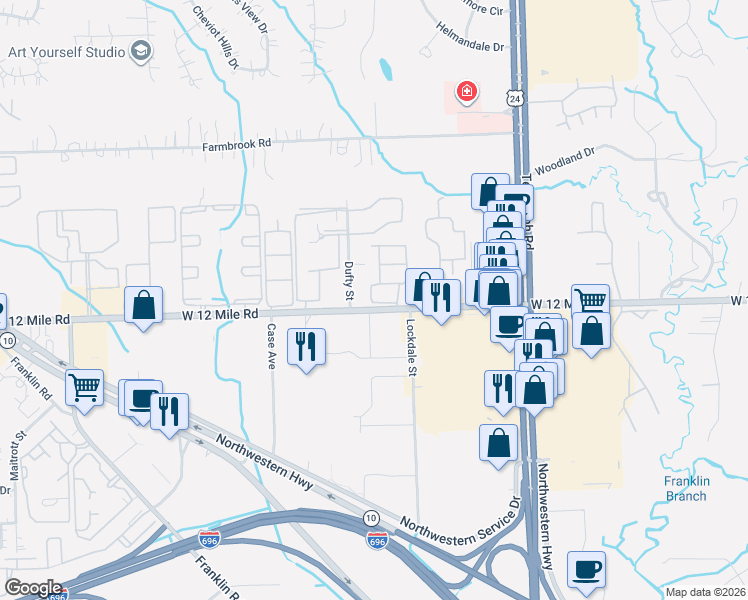 map of restaurants, bars, coffee shops, grocery stores, and more near 25022 Pendleton Drive in Southfield