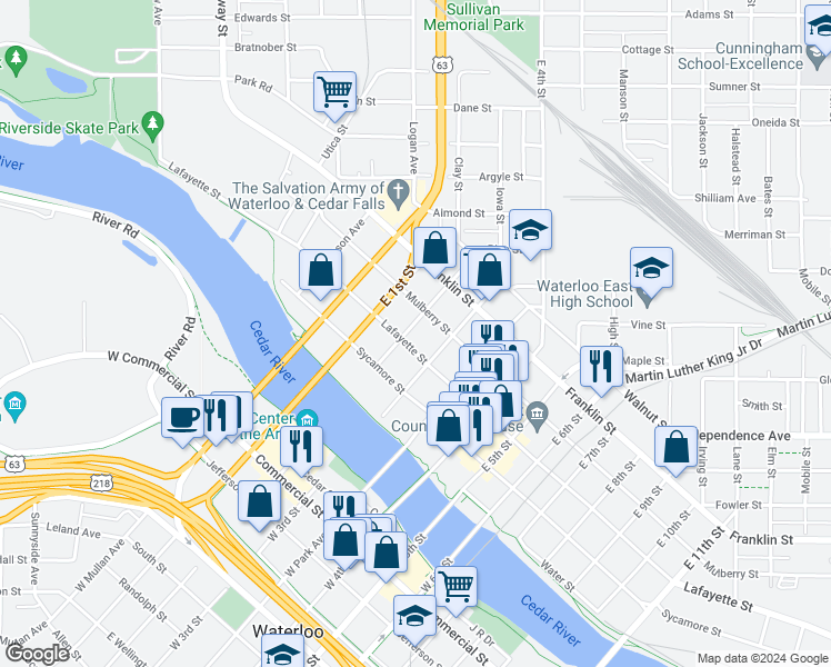 map of restaurants, bars, coffee shops, grocery stores, and more near 310 East 2nd Street in Waterloo