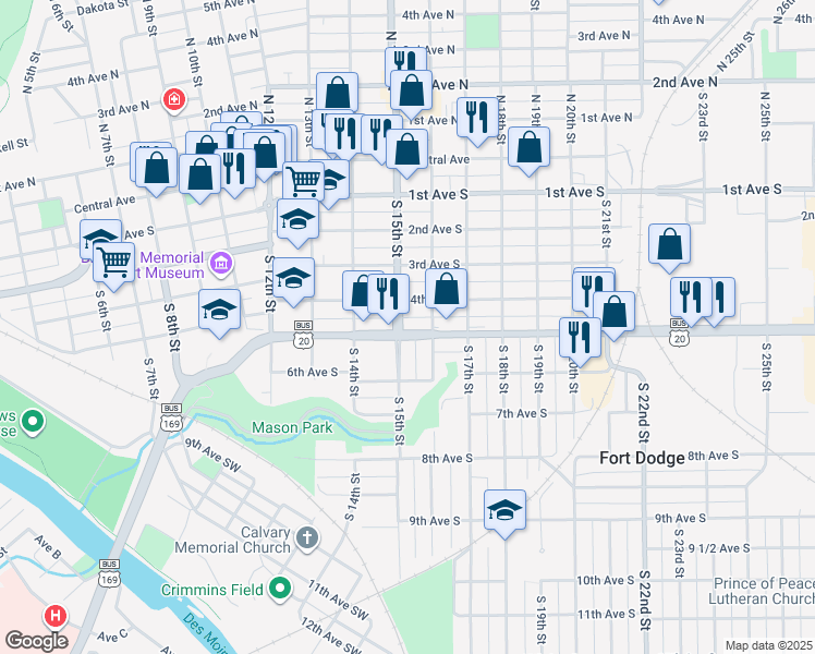 map of restaurants, bars, coffee shops, grocery stores, and more near 1501-1545 5th Avenue South in Fort Dodge