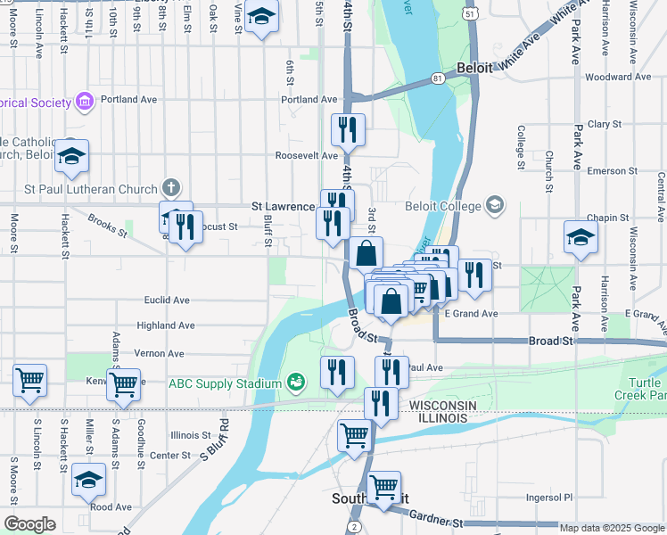 map of restaurants, bars, coffee shops, grocery stores, and more near 200 West Grand Avenue in Beloit