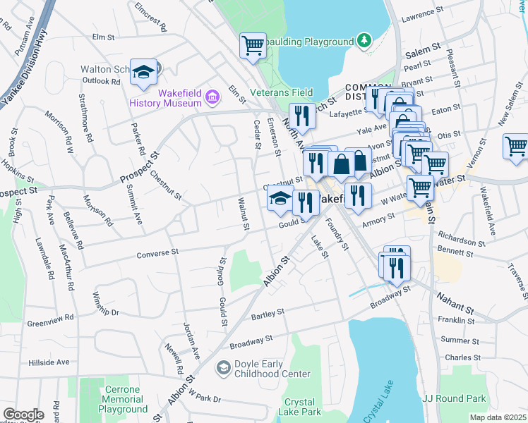 map of restaurants, bars, coffee shops, grocery stores, and more near 66 Cedar Street in Wakefield
