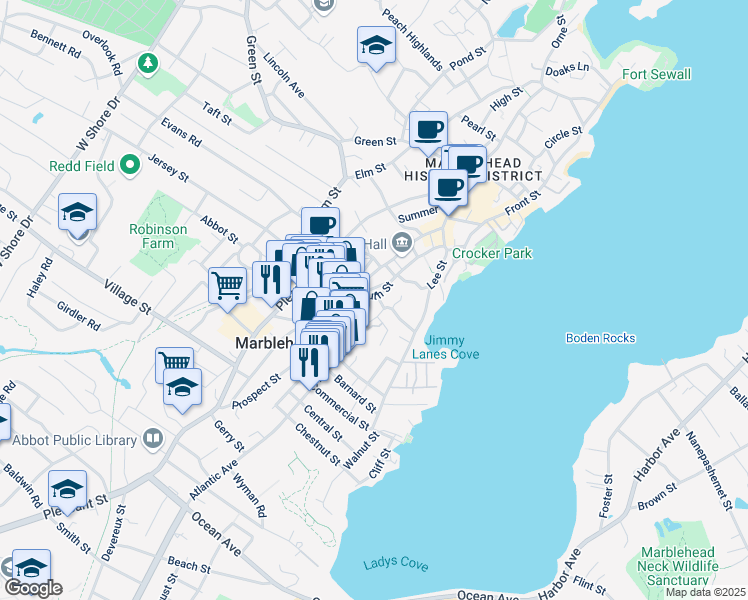 map of restaurants, bars, coffee shops, grocery stores, and more near 3 Waldron Court in Marblehead