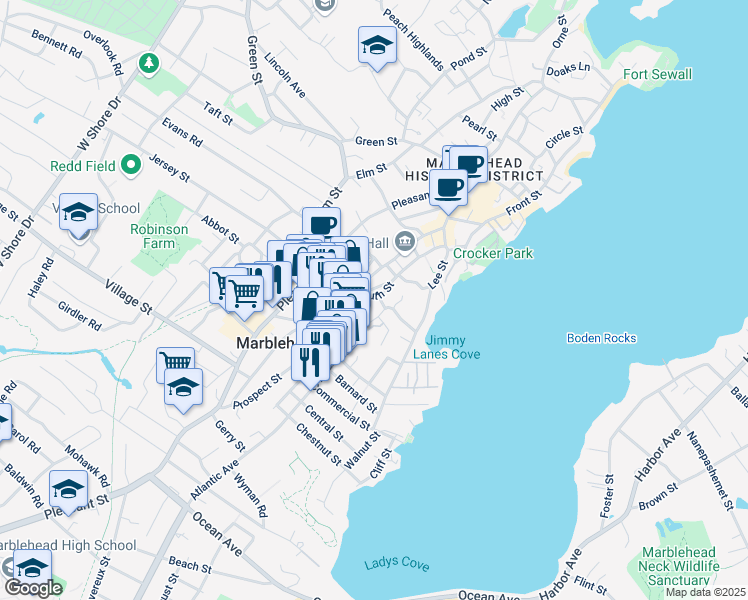 map of restaurants, bars, coffee shops, grocery stores, and more near 3 Waldron Court in Marblehead