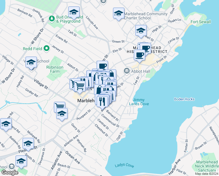 map of restaurants, bars, coffee shops, grocery stores, and more near 7 Atlantic Avenue in Marblehead
