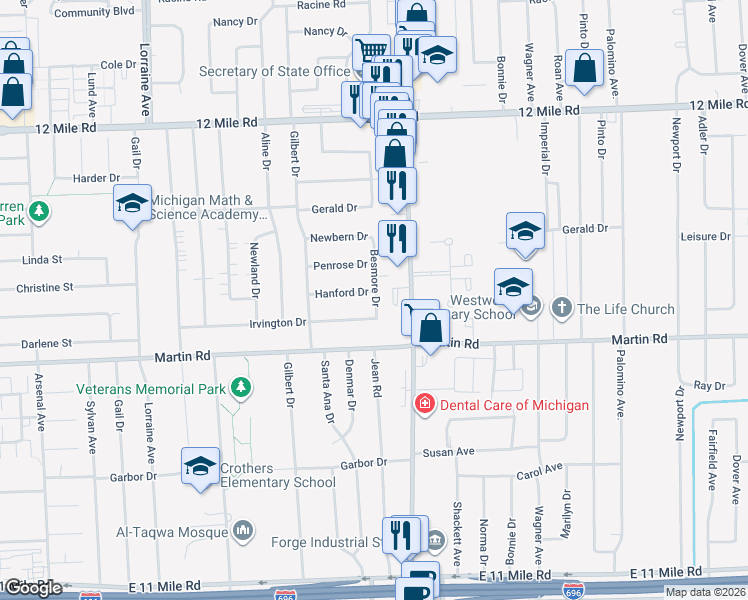map of restaurants, bars, coffee shops, grocery stores, and more near 11535 Irvington Drive in Warren