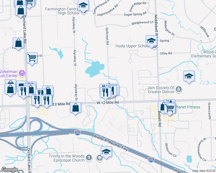 map of restaurants, bars, coffee shops, grocery stores, and more near 28000 Rollcrest Road in Farmington Hills