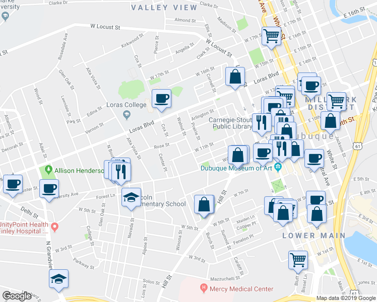 map of restaurants, bars, coffee shops, grocery stores, and more near 1101 Race Street in Dubuque