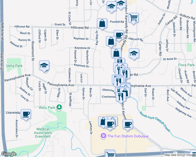 map of restaurants, bars, coffee shops, grocery stores, and more near 1710 Westridge Court in Dubuque
