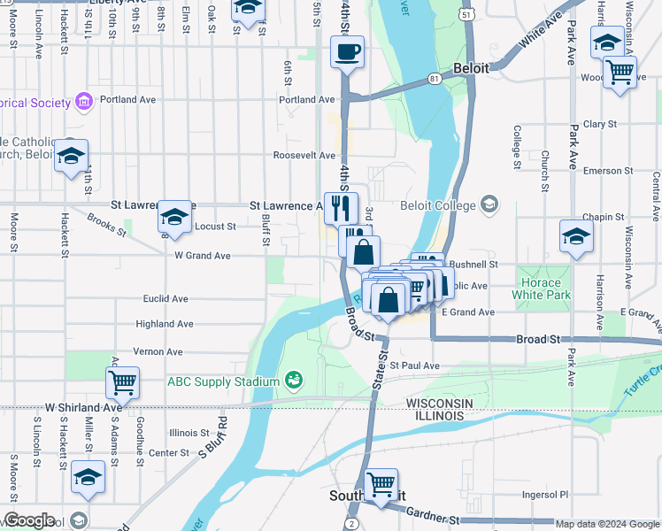 map of restaurants, bars, coffee shops, grocery stores, and more near 200 West Grand Avenue in Beloit