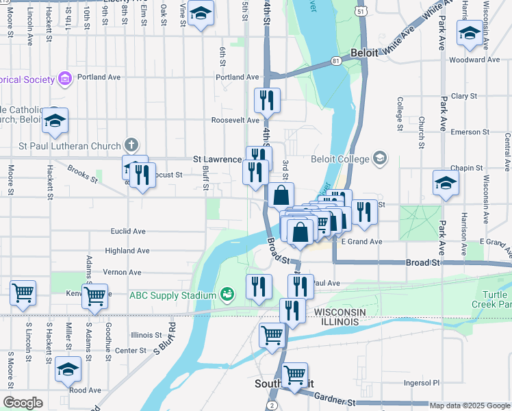 map of restaurants, bars, coffee shops, grocery stores, and more near 200 West Grand Avenue in Beloit