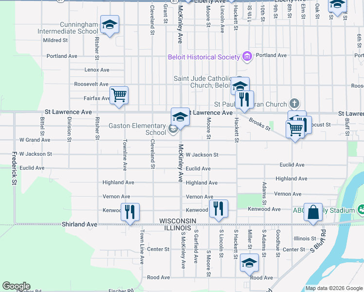 map of restaurants, bars, coffee shops, grocery stores, and more near 549 McKinley Avenue in Beloit