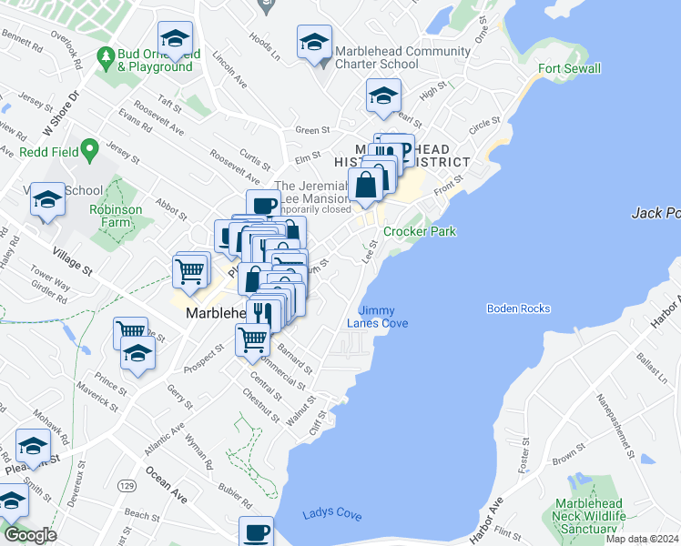 map of restaurants, bars, coffee shops, grocery stores, and more near 2 Dameys Way in Marblehead